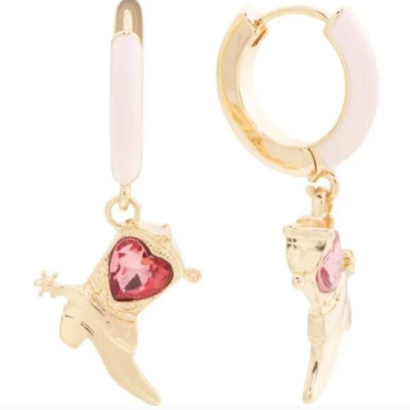 Betsey Johnson Jewelry - Betsey Johnson Gold Cowgirl boot earrings with pink heart charms - NEW